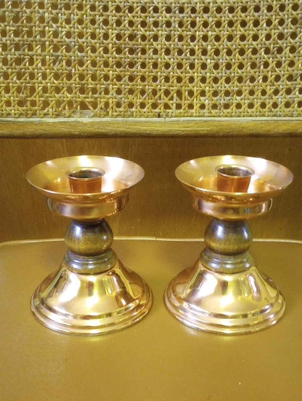 Coppercraft Guild Vintage Copper & Wood Candlestick Set for Taper Candles